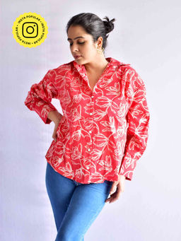 Sundarii - Scarlet Printed Cotton Oversized Shirt