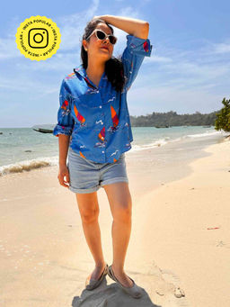 Sundarii - Macaws Printed Cotton Oversized Shirt