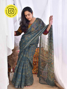 Sundarii - Megh - Ajrakh Kota Doria Embroidered Saree with Unstitched Blouse