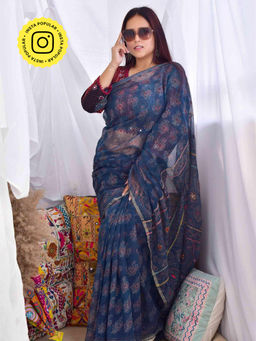 Sundarii - Trishna - Ajrakh Kota Doria Embroidered Saree with Unstitched Blouse