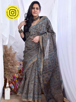 Sundarii - Muskaan - Ajrakh Kota Doria Saree with Unstitched Blouse