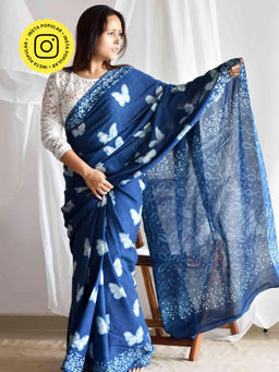 Sundarii - Titli Blue Mul Cotton Saree with Unstitched Blouse