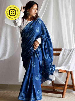 Sundarii - Mor Blue Mul Cotton Saree with Unstitched Blouse