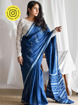 Sundarii - Deodar Blue Mul Cotton Saree with Unstitched Blouse
