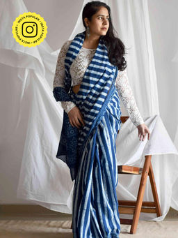 Sundarii - Dhara Blue Mul Cotton Saree with Unstitched Blouse