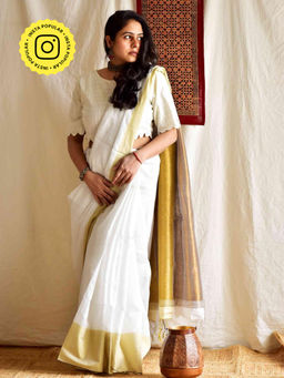 Sundarii - White Rose - Cotton Zari Border Saree with Unstitched Blouse