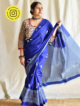 Sundarii - Goraiya Dabu Block Print Cotton Saree with Unstitched Blouse