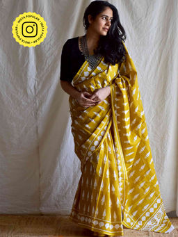 Sundarii - Haldi Dabu Block Print Cotton Saree with Unstitched Blouse