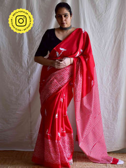Sundarii - Savan Dabu Block Print Cotton Saree with Unstitched Blouse