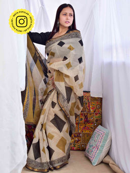Sundarii - Heera Dabu Kota Doria Printed Saree with Unstitched Blouse