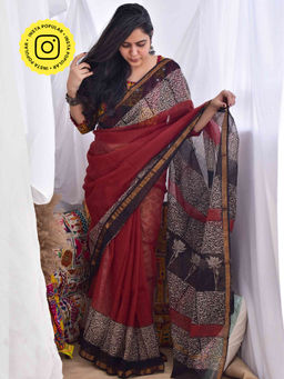 Sundarii - Mithi Dabu Kota Doria Printed Saree with Unstitched Blouse