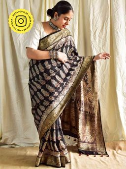 Sundarii - Mehjabeen Ajrkah Hand Block Printed Dola Silk Zari Saree with Unstitched Blouse