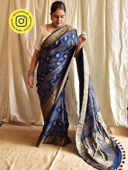 Sundarii - Kareem Ajrkah Hand Block Printed Dola Silk Zari Border Saree with Unstitched Blouse