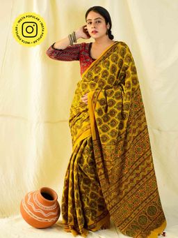 Sundarii - Karishma Ajrkah Hand Block Printed Mul Cotton Saree with Unstitched Blouse