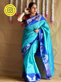 Sundarii - Turquoise Janiya Silk Brocade Handloom Saree with Unstitched Blouse