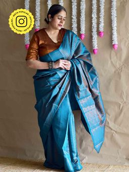 Sundarii - Teal Rubaan Silk Brocade Handloom Saree with Unstitched Blouse