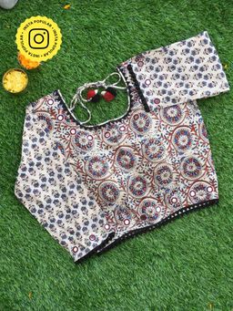 Sundarii - White Ajrakh Hand Block Kutch Mirror Work Stitched Blouse