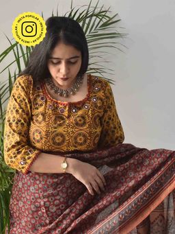 Sundarii - Yellow Ajrakh Hand Block Kutch Mirror Work Stitched Blouse.