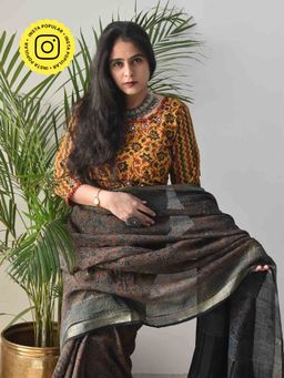 Sundarii - Yellow Floral Ajrakh Hand Block Printed Kutch Mirror Work Stitched Blouse