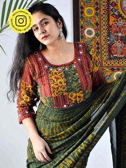 Sundarii - Multicolor Patchwork Ajrakh Hand Block Kutch Mirror Work Stitched Blouse