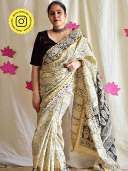 Sundarii - Baner Kalamkari Printed Bangalore Silk Saree with Unstitched Blouse