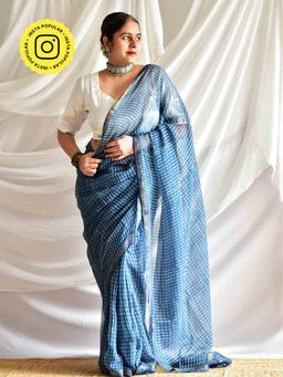 Sundarii - Blue Khanak Kota Doria Saree with Unstitched Blouse