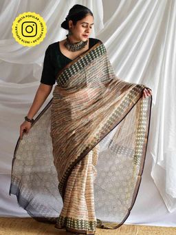 Sundarii - Beige Bela Kota Doria Saree with Unstitched Blouse
