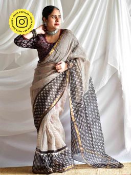Sundarii - Black Maddham Kota Doria Saree with Unstitched Blouse