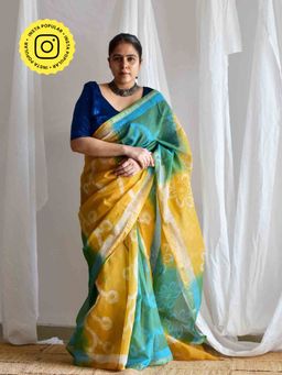 Sundarii - Yellow Sunehari Daub Kota Doria Saree with Unstitched Blouse