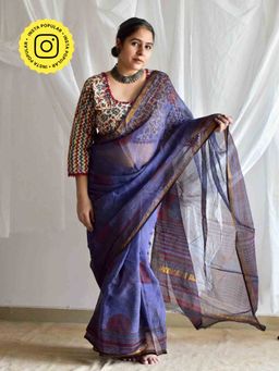 Sundarii - Navy Blue Kairi Daub Kota Doria Saree with Unstitched Blouse