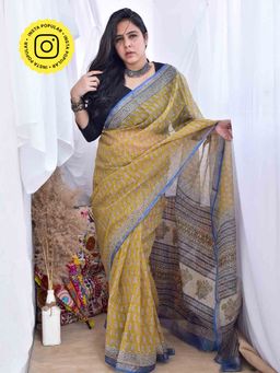 Sundarii - Mustard Kripa Daub Kota Doria Saree with Unstitched Blouse