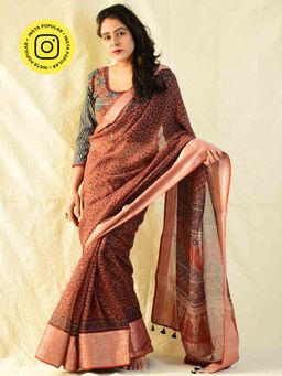 Sundarii - Maroon Rimjhim Ajrakh Handloom Kota Doria Saree with Unstitched Blouse
