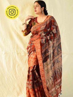 Sundarii - Maroon Udaan Ajrakh Handloom Kota Doria Saree with Unstitched Blouse