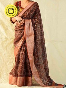 Sundarii - Maroon Kasak Ajrakh Handloom Kota Doria Saree with Unstitched Blouse