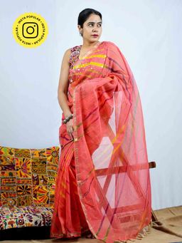 Sundarii - Peach Meet Kota Doria Saree with Unstitched Blouse