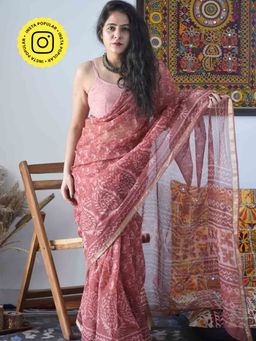 Sundarii - Pink Utsav Daub Hand Block Printed Kota Doria Saree with Unstitched Blouse