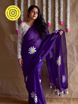 Sundarii - Gumaan - Cotton Hand Painted Purple Saree with Unstitched Blouse