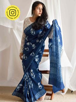 Sundarii - Genda Blue Mul Cotton Saree with Unstitched Blouse
