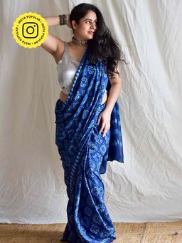 Sundarii - Badami - Ajrakh Cotton Blue Saree with Unstitched Blouse