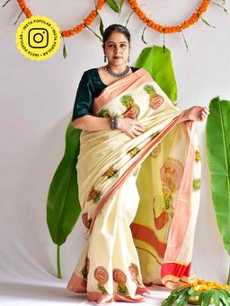 Sundarii - Kathakali - Printed Beige Saree with Unstitched Blouse