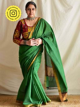 Sundarii - Mosiki - Maheshwari Cotton Green Saree with Unstitched Blouse