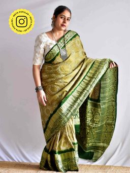 Sundarii - Rajarani - Gajji Silk Rai Bandhej Zari Pallu Green Saree with Unstitched Blouse
