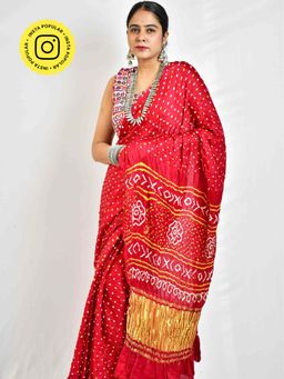 Sundarii - Kalash - Rai Bandhej Zari Pallu Gajji Silk Red Saree with Unstitched Blouse