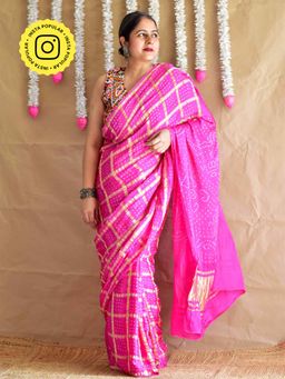 Sundarii - Rani - Gharchola Modal Silk Saree with Unstitched Blouse With Zari Pink Pallu