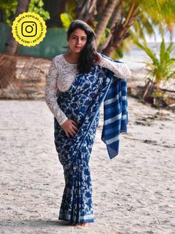 Sundarii - Bliss Blue Mul Cotton Saree with Unstitched Blouse