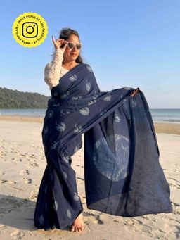 Sundarii - Flight Into Twilight Navy Blue Mul Cotton Saree with Unstitched Blouse
