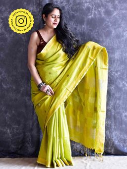 Sundarii - Neem Linen Tissue Yellow Saree with Unstitched Blouse