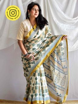Sundarii - Do Patti Bagh Maheshwari Silk Handloom Cream Saree with Unstitched Blouse