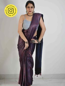 Sundarii - Chess - Blue Maroon Ajrakh Mashru Silk Saree with Unstitched Blouse