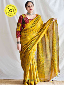 Sundarii - Malihaa - Ajrakh Chanderi Silk Saree with Unstitched Blouse